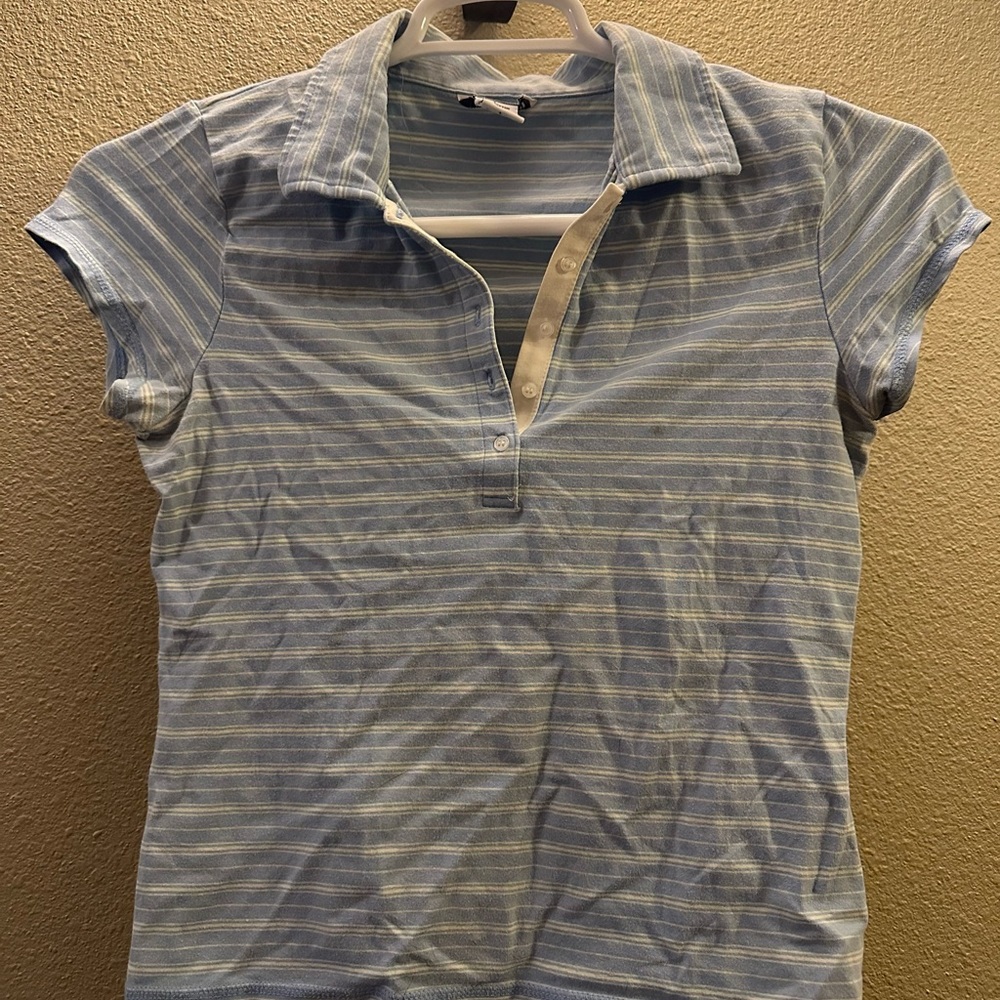 One Step Ahead Light Blue & White Striped Polo Tee